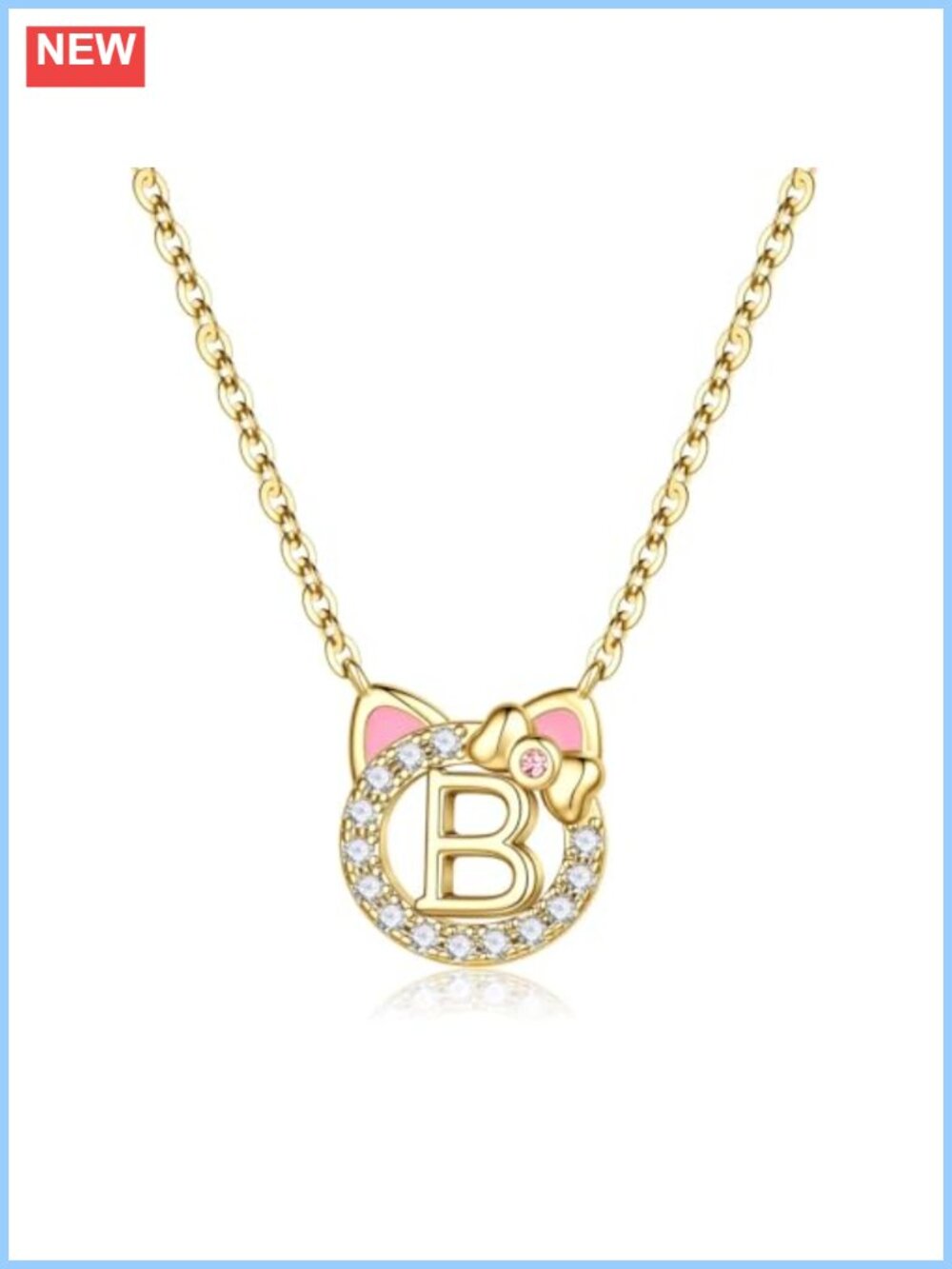 14k Gold Plated Cat Initial Necklace with Cubic Zirconia Pendant